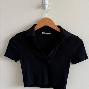 Zara Black Polo Collared Ribbed Crop Top